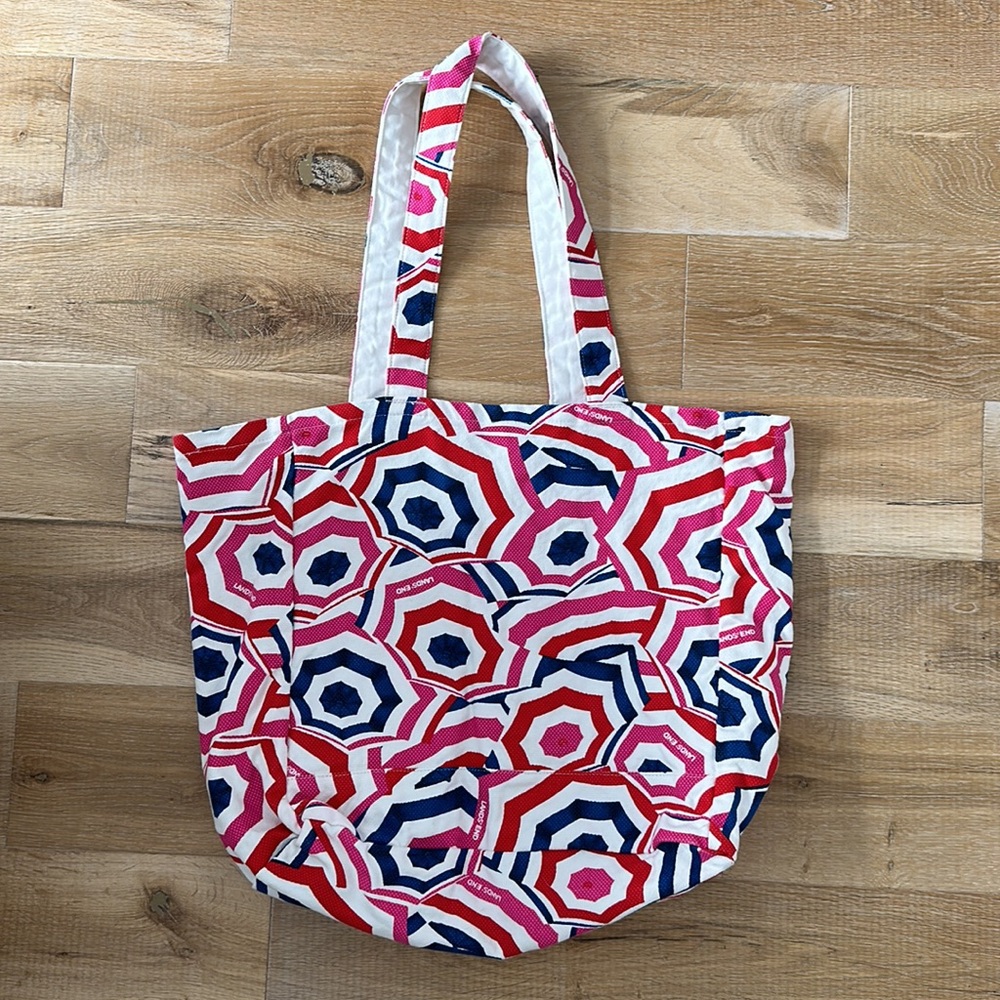 Lands’ End Pink Red White Blue Umbrella Print Large Packable Beach Tote Pool Bag - Picture 2 of 13